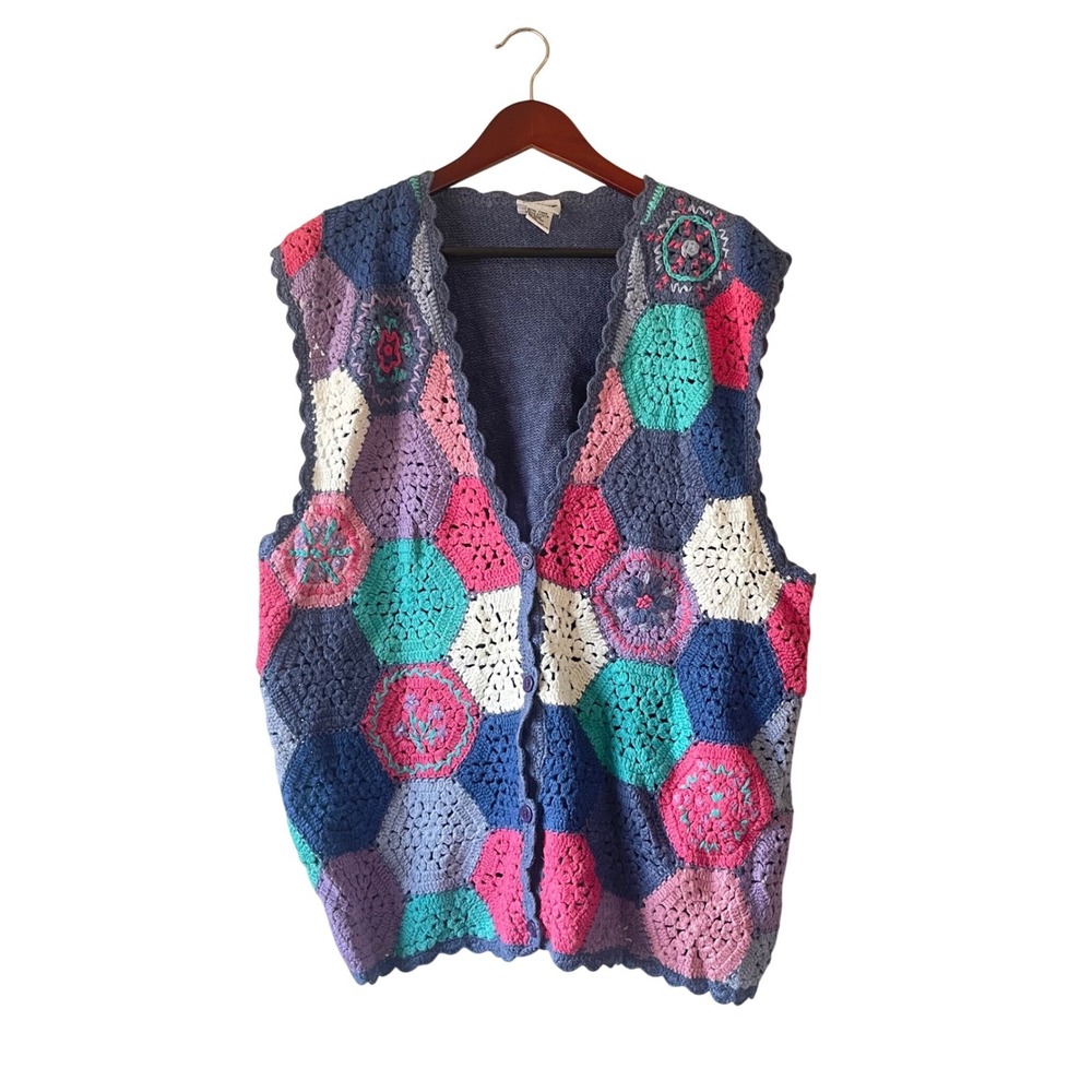 Koret City Blues Vintage Crochet‎ Patchwork Vest Blue Pink Floral Boho Plus 1X